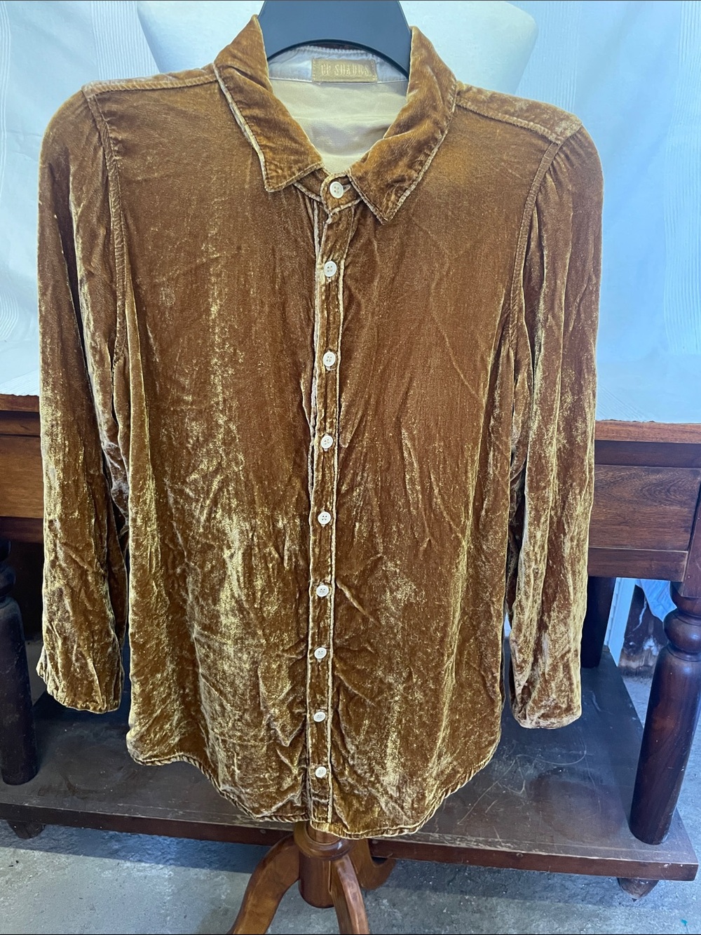 Vintage CP Shades Velvet Button-Up Shirt in Golden Brown